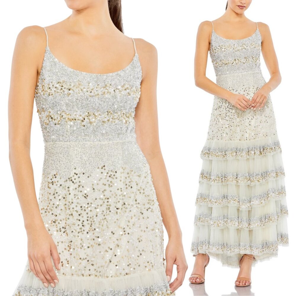Mac Duggal 10883 Size 14 Champagne Silver Gold Sequin‎ Tiered Ruffle Gown Dress